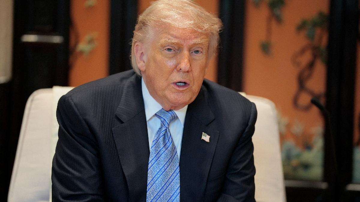 U.S. President Donald Trump speaks during a meeting with Chinese President Xi Jinping (not pictured) on the sidelines of a visit to the  Zhongnanhai Garden in Beijing, China, May 15, 2026. REUTERS/Evan Vucci/Pool