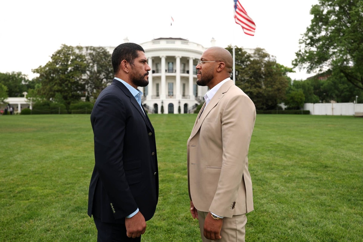  WASHINGTON, DC - MAY 06: (L-R) Alex Pereira and Ciryl Gane face off on the South Lawn in front of the White House Scott Taetsch/Zuffa LLC via Getty Images