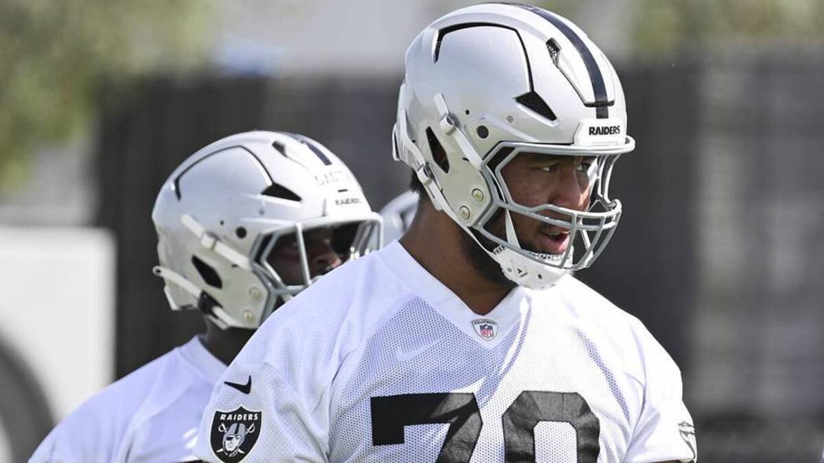  Jun 3, 2026; Henderson, NV, USA; Las Vegas Raiders offensive tackle Laki Tasi (79) runs a drill during organized team activities at Intermountain Health Performance Center. Mandatory Credit: Candice Ward-Imagn Images | Candice Ward-Imagn Images 