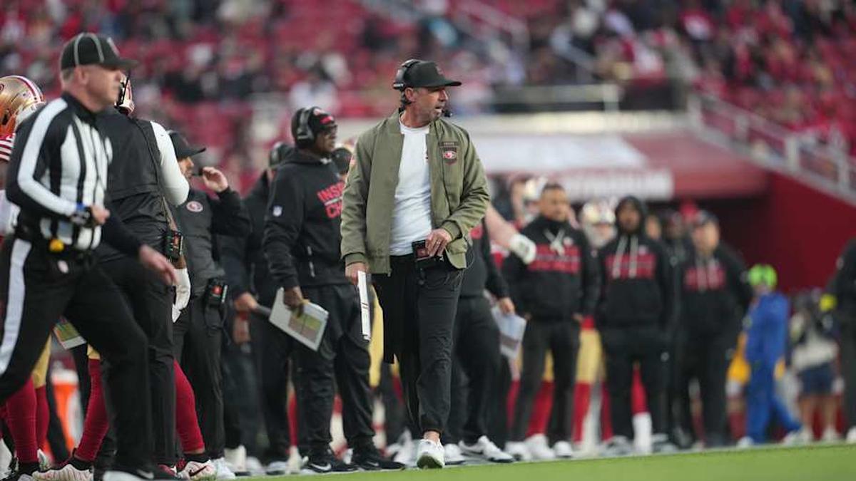  Dec 14, 2025; Santa Clara, California, USA; San Francisco 49ers head coach Kyle Shanahan looks on during the fourth quarter against the Tennessee Titans at Levi's Stadium. Mandatory Credit: Cary Edmondson-Imagn Images | Cary Edmondson-Imagn Images 