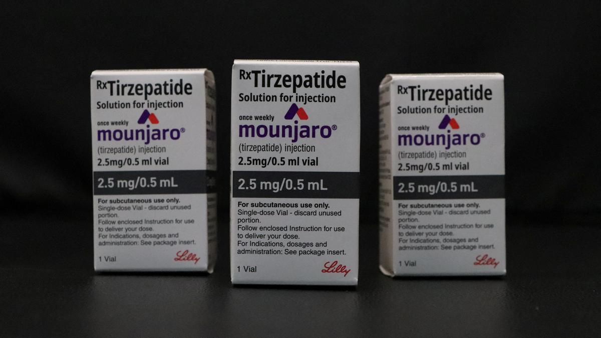 FILE PHOTO: Vials of Eli Lilly's Mounjaro, a tirzepatide injection drug used for treating type 2 diabetes and weigh loss, are placed on a table for a photograph in a health clinic in Hyderabad, India, April 14, 2025. REUTERS/Almaas Masood/File Photo