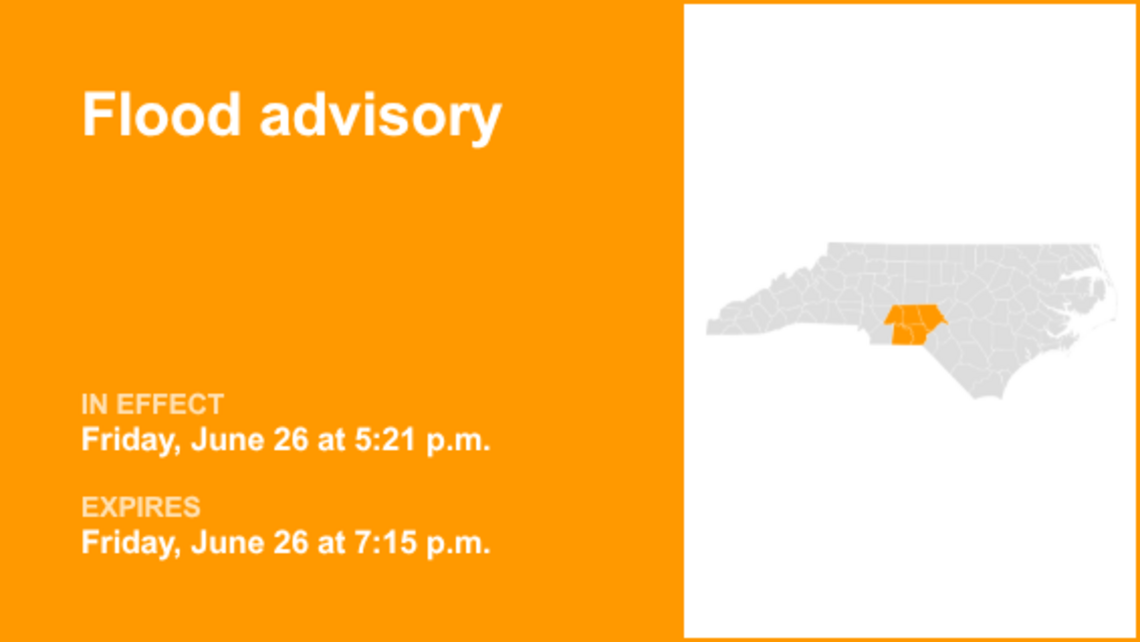 The Piedmont region under a flood advisory Friday evening caused by prolonged rainfall 