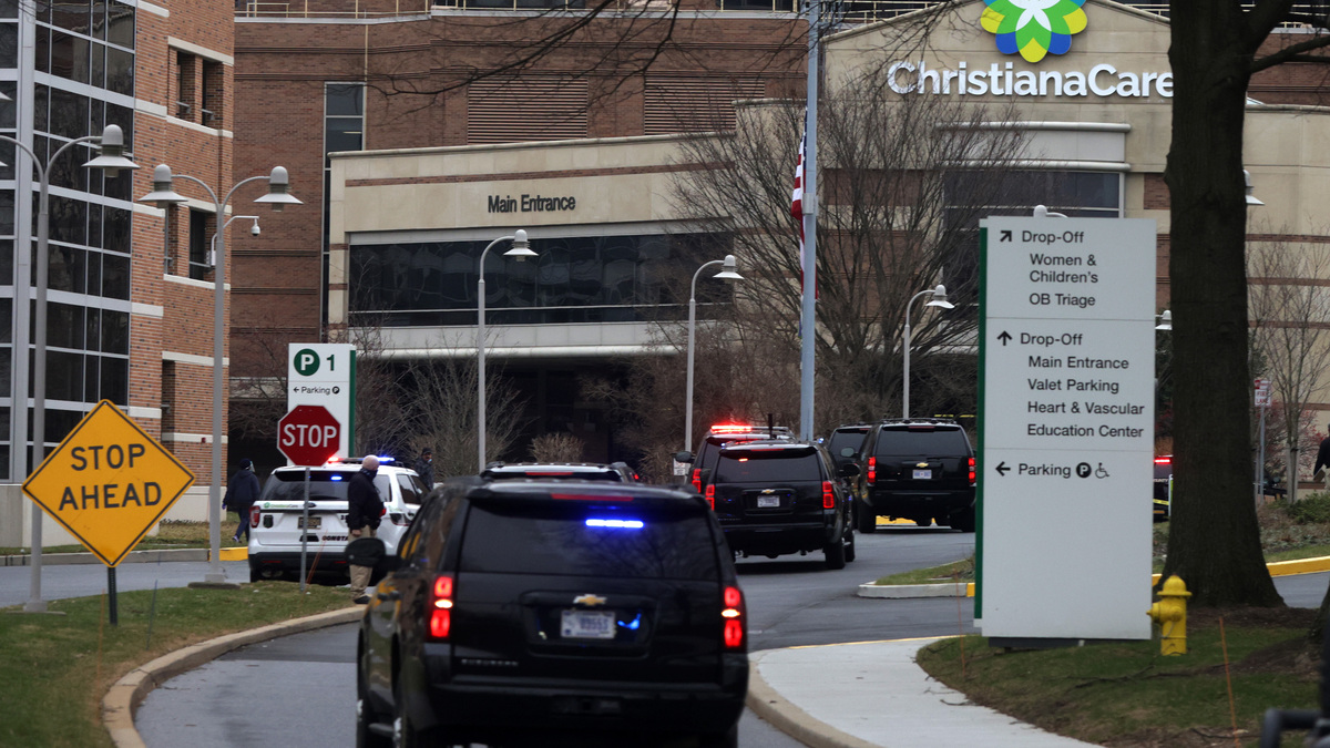 President-Elect Biden And Vice President-Elect Harris Receive Second Round Of COVID-19 Vaccination. The motorcade of President-elect Joe Biden arrives at ChristianaCare Christiana Hospital where he received his second dose of the Pfizer/BioNTech COVID-19 vaccination on January 11, 2021 in Newark, Delaware. Image for illustration purposes only.