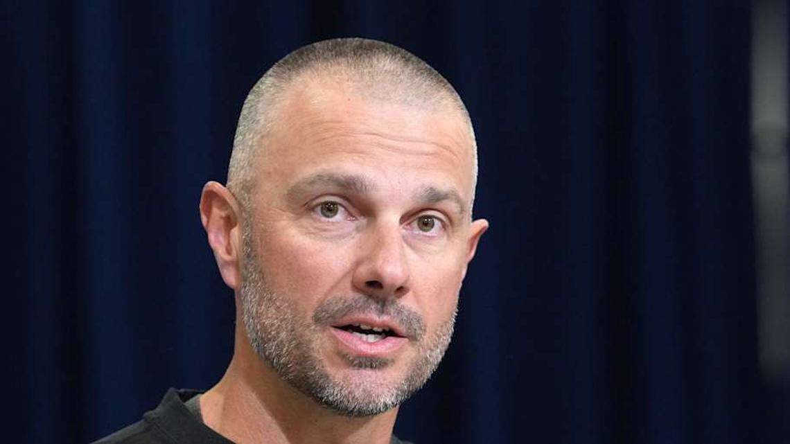  Feb 24, 2026; Indianapolis, IN, USA; Las Vegas Raiders general manager John Spytek speaks at the NFL Scouting Combine at the Indiana Convention Center. Mandatory Credit: Kirby Lee-Imagn Images | Kirby Lee-Imagn Images 