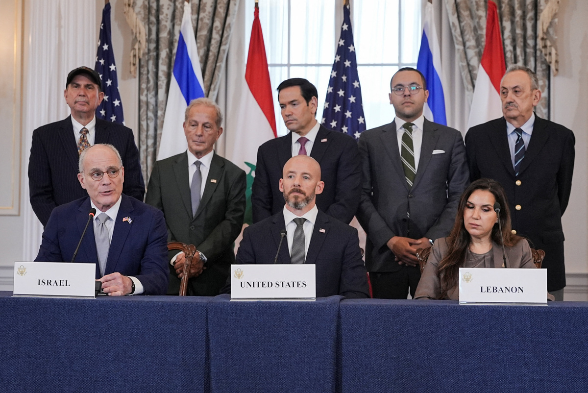 Israel's Ambassador to the U.S. Yechiel Leiter speaks next to U.S. Secretary of State Marco Rubio, State Department Counselor Daniel Holler, and Lebanon's Ambassador to the U.S. Nada Hamadeh during a meeting at the State Department in Washington, D.C., U.S., June 26, 2026. REUTERS/Ken Cedeno