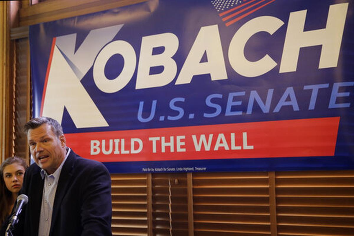 In this 2019 file photo, Kris Kobach addresses the crowd as he announces his candidacy for the Republican nomination for the U.S. Senate. Kobach was defeated by Roger Marshall in the Republican primary.