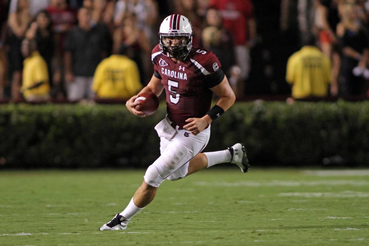  Sep 24, 2011; Columbia, SC, USA; South Carolina Gamecocks quarterback Stephen Garcia (5) scrambles against the Vanderbilt Commodores during the third quarter at Williams Brice Stadium. The Gamecocks defeated the Commodores, 21-3. Mandatory Credit: Jeremy Brevard-USA TODAY Sports 