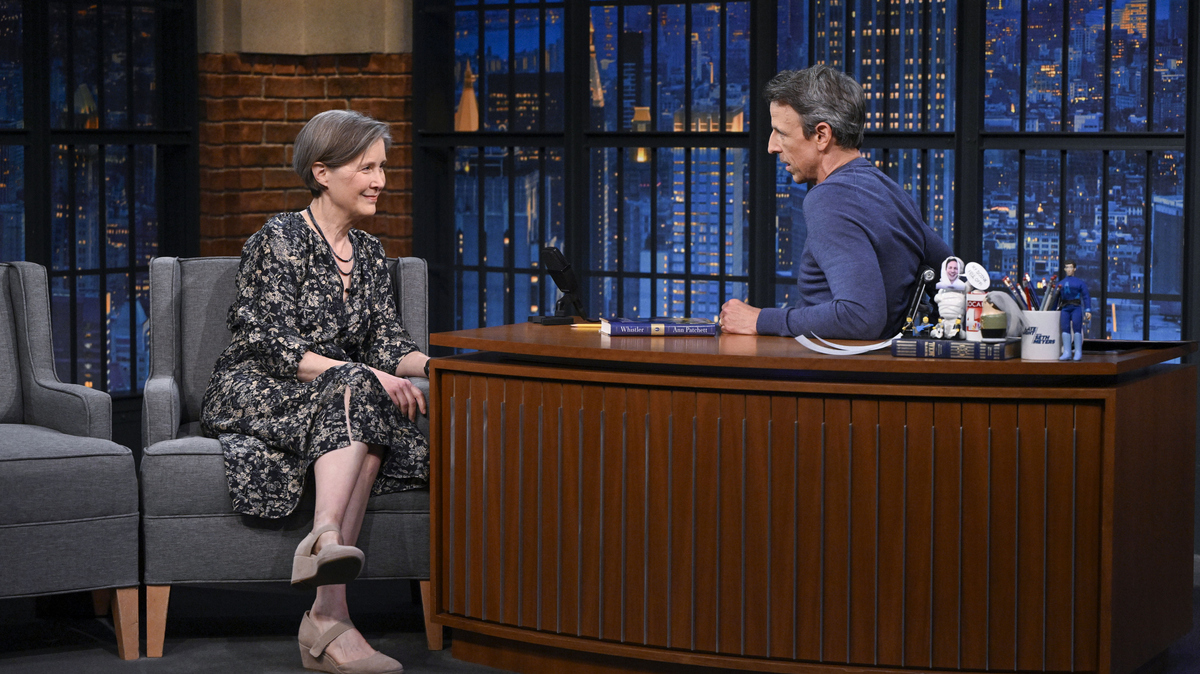 LATE NIGHT WITH SETH MEYERS -- Episode 1804 -- Pictured: (l-r) Author Ann Patchett during an interview with host Seth Meyers on June 2, 2026 -- (Photo by: Paula Lobo/NBC via Getty Images)