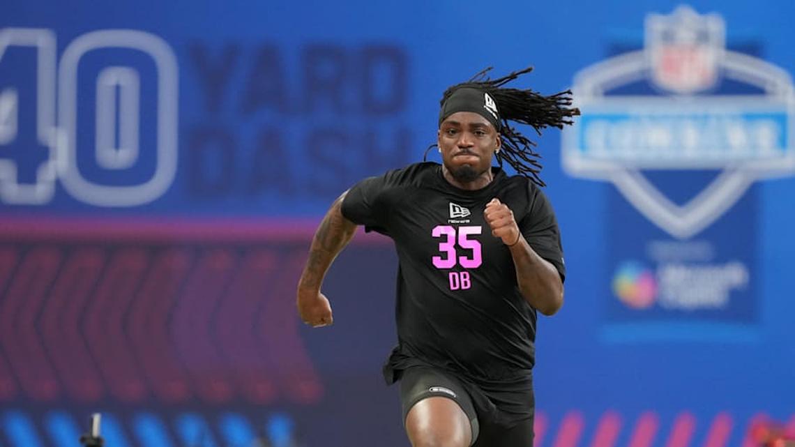 Feb 27, 2026; Indianapolis, IN, USA; Southern California defensive back Bishop Fitzgerald (DB35) during the NFL Scouting Combine at Lucas Oil Stadium. Mandatory Credit: Kirby Lee-Imagn Images | Kirby Lee-Imagn Images 