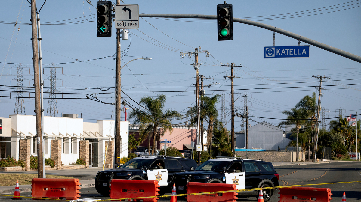 Orange County sheriff's deputies block Western Avenue at Katella Avenue as roads remain closed after a chemical leak from a large storage tank prompted evacuations in Garden Grove, California, on May 24, 2026. Authorities in California on May 24 said they discovered a crack in a damaged tank of toxic chemicals, potentially relieving pressure as the threat of an explosion has forced tens of thousands of residents to evacuate. About 50,000 residents were ordered to leave their homes in the Garden Grove area of Orange County, southeast of Los Angeles, on Friday after the tank began to leak, sending fumes over a heavily populated area about five miles from Disneyland. (Blake Fagan/AFP/Getty Images/TNS)