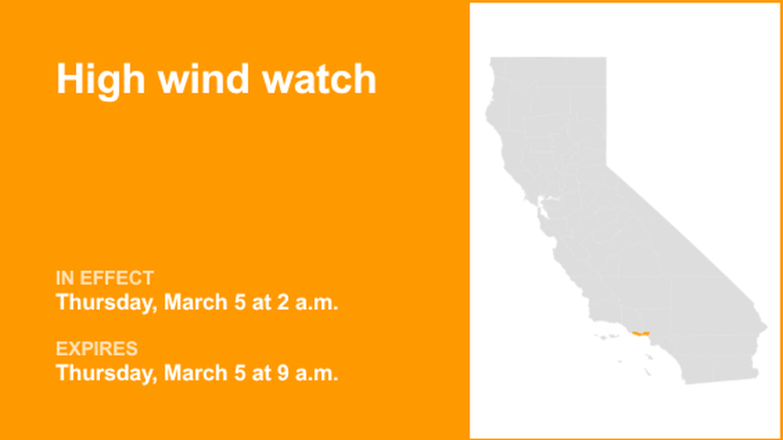 Los Angeles County under a high wind watch Thursday - gusts may reach 60 mph 