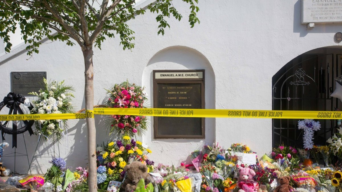 A memorial is erected outside the Emanuel African Methodist Episcopal Church on June 19, 2015 in memory of the the nine people killed in a June 17 shooting inside the church. Dylann Roof, 21, was arrested in connection with the shootings. File Photo by Kevin Liles/UPI