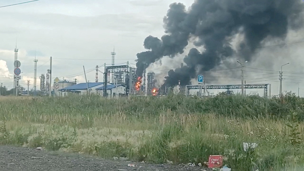 Fire at Omsk oil refinery as the region's governor says the province came under attack from Ukrainian drones, in Omsk, Russia July 6, 2026, in this picture obtained from a social media video. SOCIAL MEDIA/via REUTERS