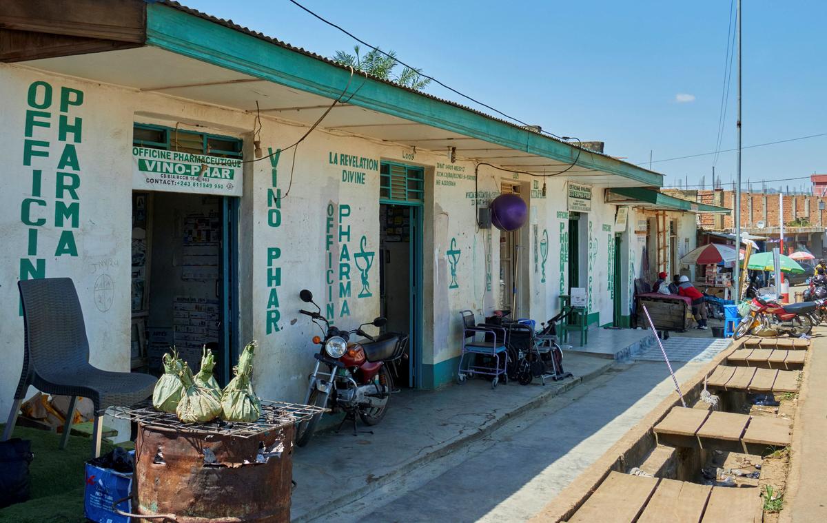 Pharmacies remain open along a street, as aid agencies intensify efforts to contain a new Ebola outbreak involving the Bundibugyo strain, in Bunia, Ituri province, Democratic Republic of Congo, May 22, 2026. REUTERS/Gradel Muyisa Mumbere