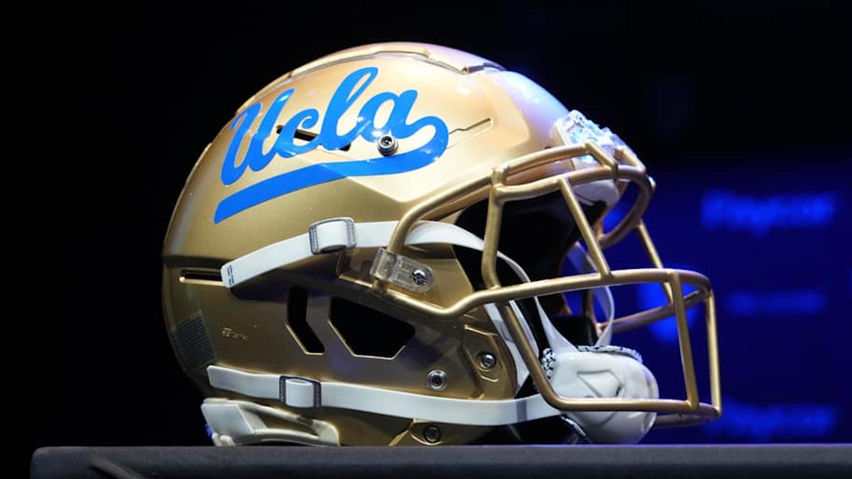  Jul 29, 2022; Los Angeles, CA, USA; A detailed view of UCLA Bruins helmet during Pac-12 Media Day at Novo Theater. Mandatory Credit: Kirby Lee-Imagn Images | Kirby Lee-Imagn Images 