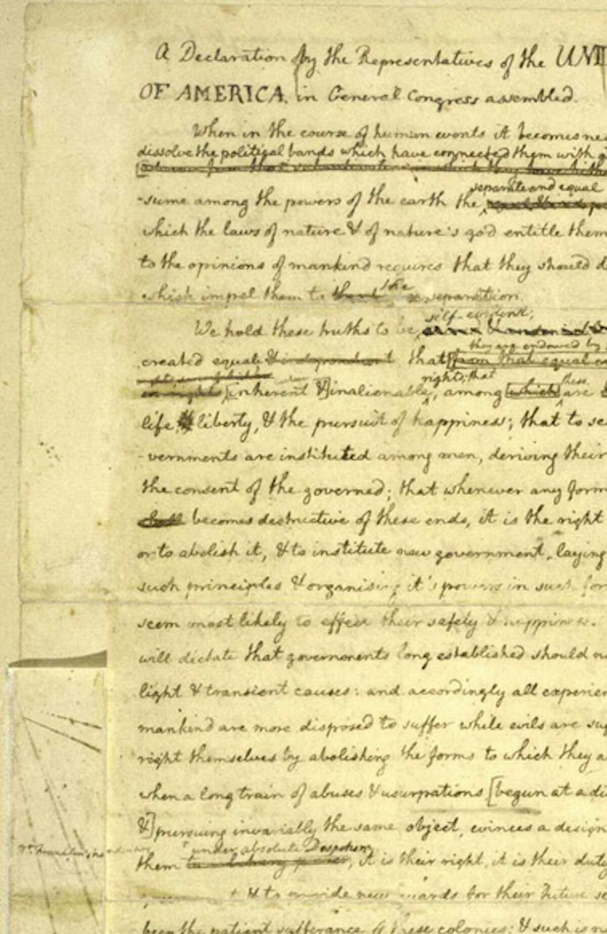  The first page of the original draft of the Declaration of Independence with minor emendations in the hands of John Adams and Benjamin Franklin. Jefferson Papers, Manuscript Division, Library of Congress 