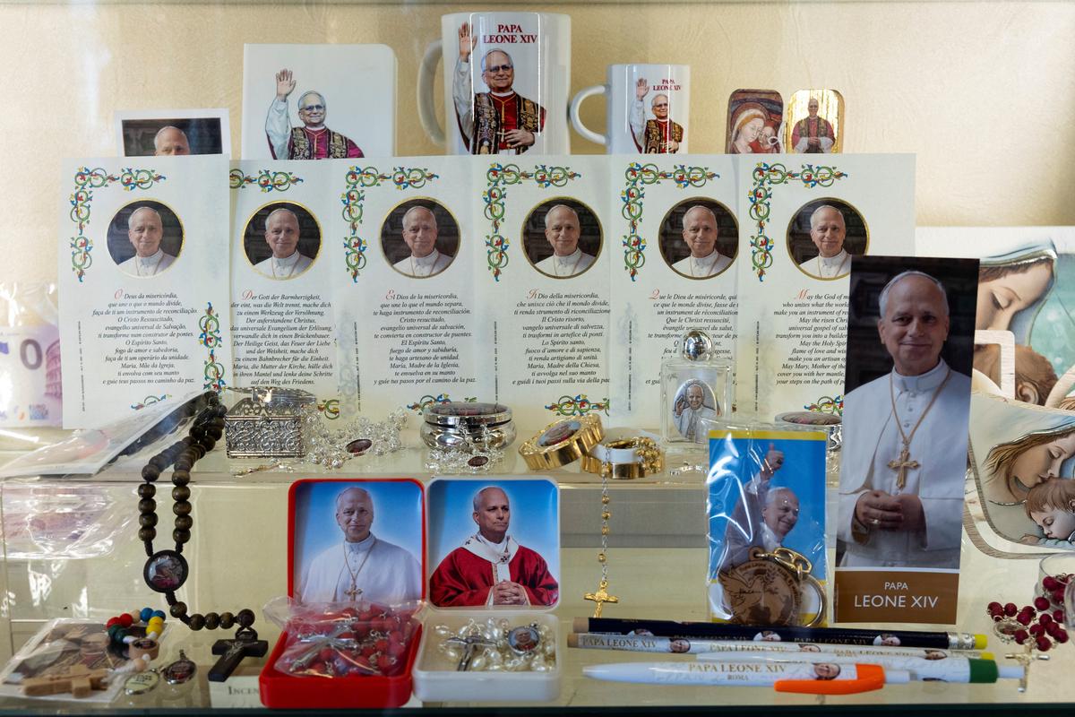 Souvenirs with images of Pope Leo XIV are displayed at a shop near the Vatican, in Rome, Italy, April 30, 2026. REUTERS/Remo Casilli  NO RESALES. NO ARCHIVES.