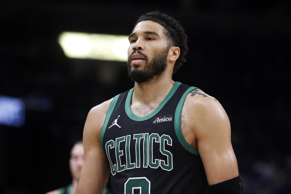  Boston Celtics forward Jayson Tatum (0) reacts during the third quarter against the Memphis Grizzlies. Petre Thomas-Imagn Images