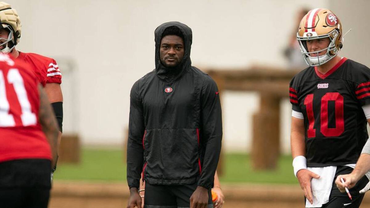  Jul 24, 2025; Santa Clara, CA, USA; San Francisco 49ers wide receiver Brandon Aiyuk (in black hoodie) watches his teammates work out during the second day of training camp. Mandatory Credit: D. Ross Cameron-Imagn Images | IMAGN IMAGES via Reuters Connect 
