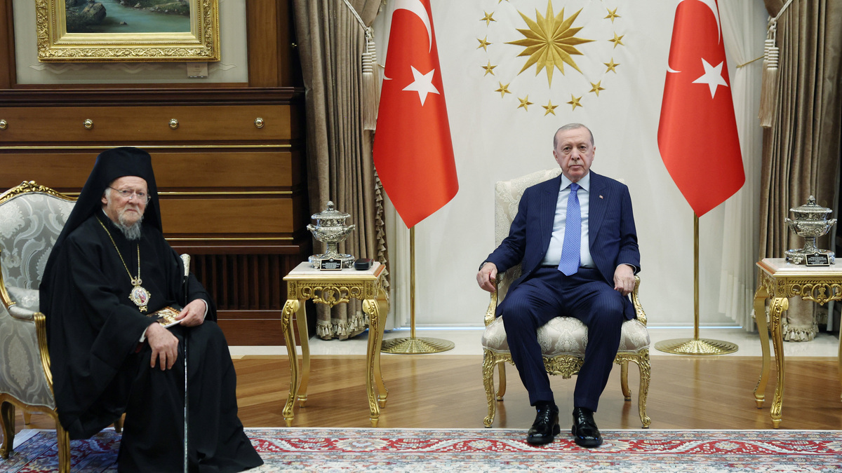 Turkish President Tayyip Erdogan meets with Ecumenical Patriarch Bartholomew I at the Presidential Palace in Ankara, Turkey, June 16, 2026. Murat Kula/Presidential Press Office/Handout via REUTERS
