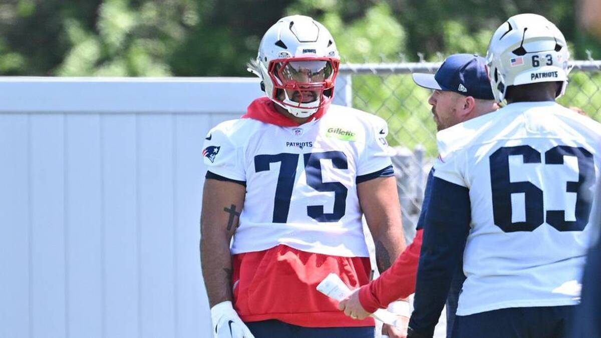  Jun 10, 2026; Foxborough, MA, USA; New England Patriots guard Alijah Vera-Tucker (75) works with coaching staff during minicamp at Gillette Stadium. Mandatory Credit: Eric Canha-Imagn Images | Eric Canha-Imagn Images 