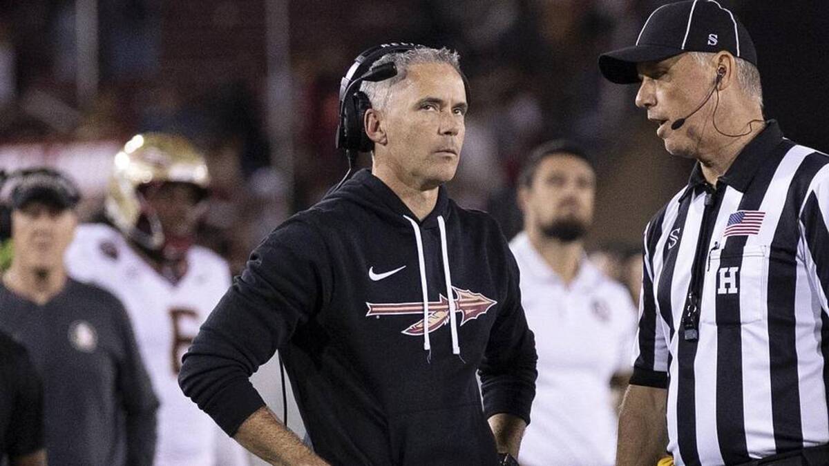  Oct 18, 2025; Stanford, California, USA; Florida State Seminoles head coach Mike Norvell reacts to the conversation with the referee during the fourth quarter against the Stanford Cardinal at Stanford Stadium. Mandatory Credit: Stan Szeto-Imagn Images | Stan Szeto-Imagn Images 