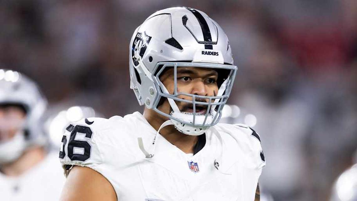  Aug 23, 2025; Glendale, Arizona, USA; Las Vegas Raiders guard Atonio Mafi (56) against the Arizona Cardinals during a preseason NFL game at State Farm Stadium. Mandatory Credit: Mark J. Rebilas-Imagn Images | Mark J. Rebilas-Imagn Images 