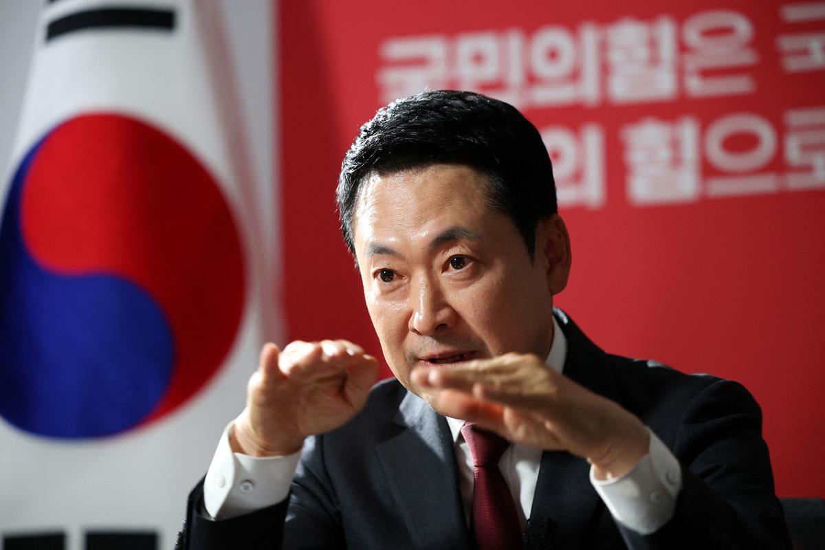 Jang Dong-hyeok, the leader of South Korea's main opposition People Power Party, speaks during an interview with Reuters at the National Assembly in Seoul, South Korea, April 30, 2026. REUTERS/Kim Hong-Ji