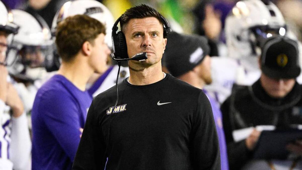  Dec 20, 2025; Eugene, OR, USA; James Madison Dukes head coach Bob Chesney looks on during the second quarter against the Oregon Ducks at Autzen Stadium. Mandatory Credit: Troy Wayrynen-Imagn Images | Troy Wayrynen-Imagn Images 