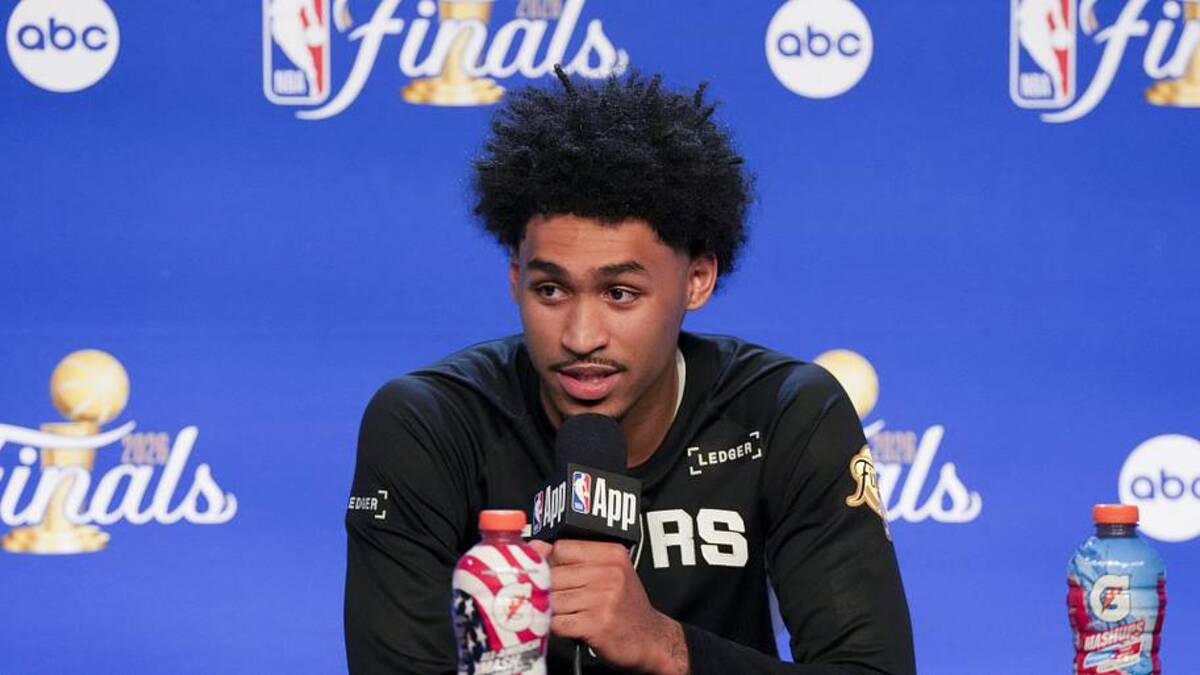  Jun 3, 2026; San Antonio, Texas, USA; San Antonio Spurs guard Dylan Harper speaks to the media after game one of the 2026 NBA Finals at Frost Bank Center. | Scott Wachter-Imagn Images 