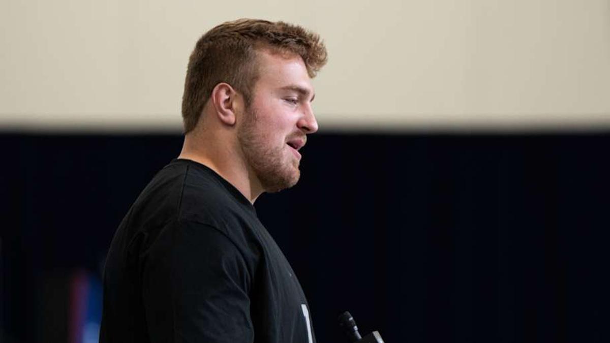  Feb 28, 2026; Indianapolis, IN, USA; Texas A&M offensive lineman Trey Zuhn (OL57) speaks to members of the media during the NFL Combine at the Indiana Convention Center. Mandatory Credit: Jacob Musselman-Imagn Images | Jacob Musselman-Imagn Images 