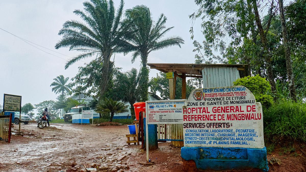 Signage at the Mongbwalu General Referral Hospital, as aid agencies intensify efforts to contain an Ebola outbreak caused by the Bundibugyo virus in Mongbwalu, Democratic Republic of Congo, May 23, 2026. REUTERS/Gradel Muyisa Mumbere