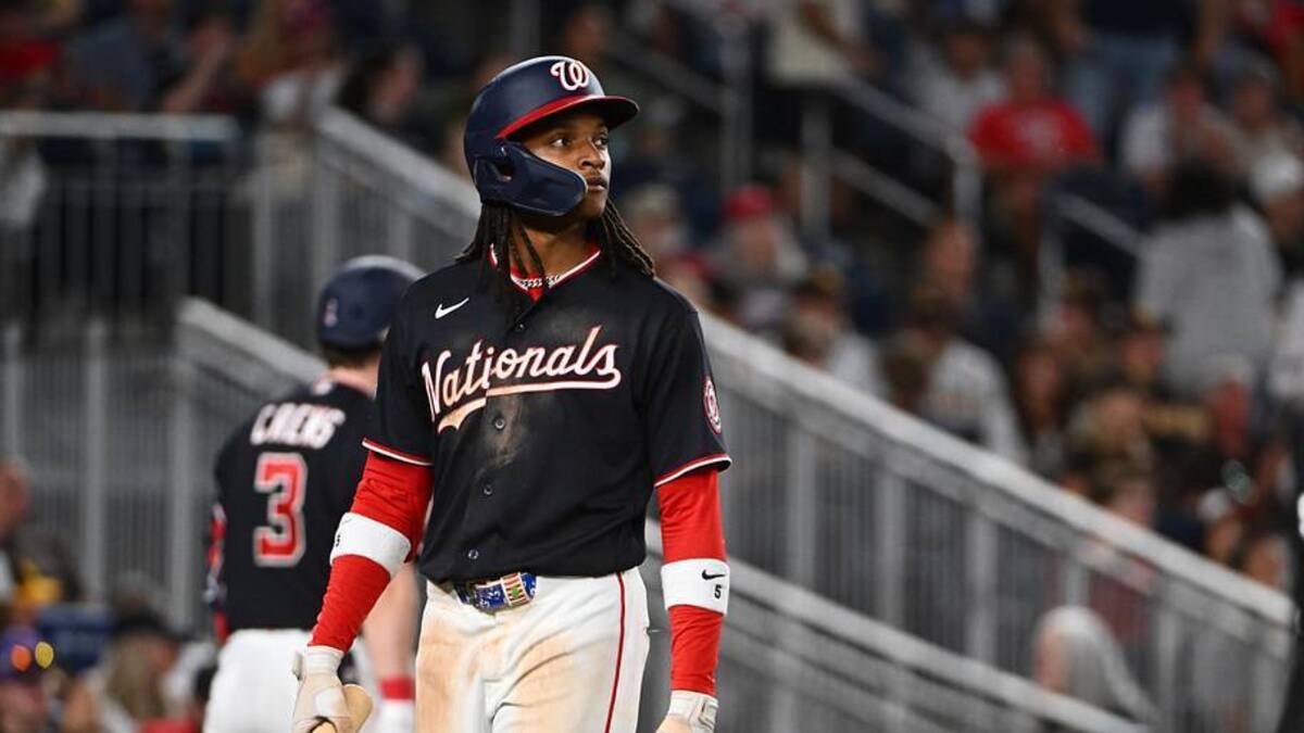  May 29, 2026; Washington, District of Columbia, USA; Washington Nationals shortstop CJ Abrams (5) reacts after striking out during the eighth inning against the San Diego Padres at Nationals Park. Mandatory Credit: Brad Mills-Imagn Images | Brad Mills-Imagn Images 