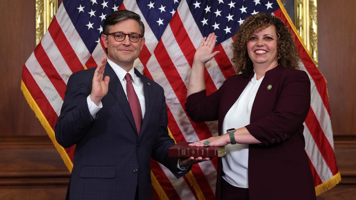 Speaker of the House Mike Johnson, R-La., ceremonially swears in Rep. Celeste Maloy, R-Utah, at the U.S. Capitol on Nov. 28, 2023, in Washington, D.C. (Kevin Dietsch/Getty Images/TNS)