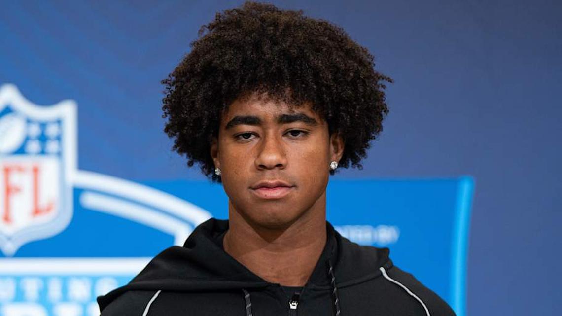  Feb 27, 2026; Indianapolis, IN, USA; Southern California wideout Ja'Kobi Lane (WO27) speaks to members of the media during the NFL Combine at the Indiana Convention Center. Mandatory Credit: Jacob Musselman-Imagn Images | Jacob Musselman-Imagn Images 