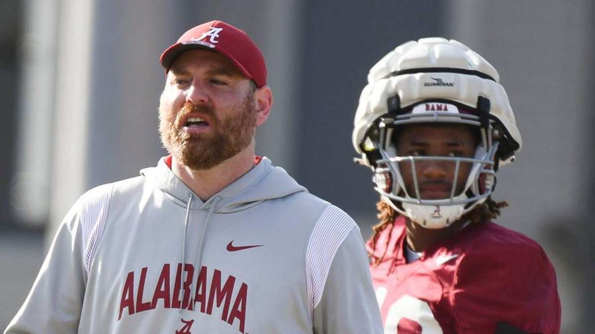  Mar 6, 2024; Tuscaloosa, Alabama, USA; Co-defensive coordinator Colin Hitschler works with defensive players during practice of the Alabama Crimson Tide football team Wednesday. | Gary Cosby Jr.-Tuscaloosa News / USA TODAY NETWORK 