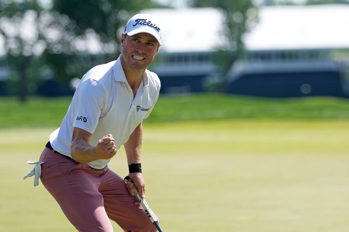  May 17, 2026; Newtown Square, Pennsylvania, USA; Justin Thomas reacts on the 18th hole during the final round of the PGA Championship golf tournament. Mandatory Credit: James Lang-Imagn Images