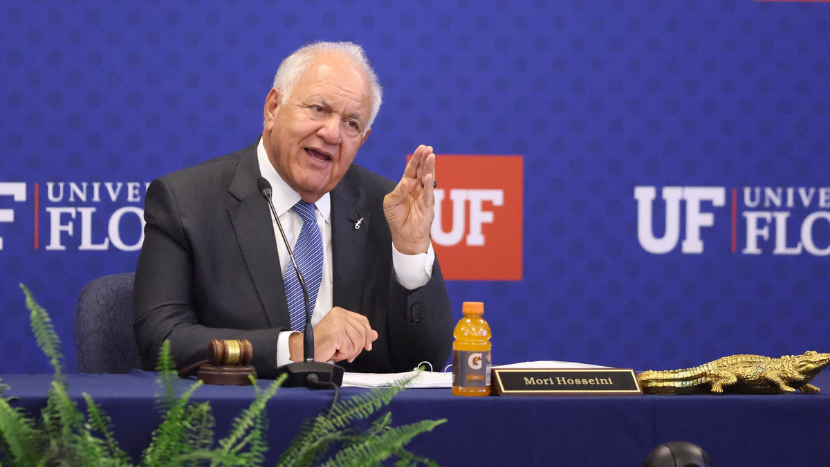 University of Florida Board of Trustees Chair Mori Hosseini addresses trustees before an interview with presidential finalist Stuart Bell on June 10, 2026, at Emerson Alumni Hall in Gainesville.