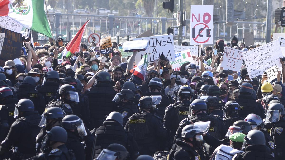 Protests in LA. Protesters confront police following recent raids by Immigration and Customs Enforcement (ICE) and Department of Homeland Security (DHS) agents on June 8, 2025, in Los Angeles, California.