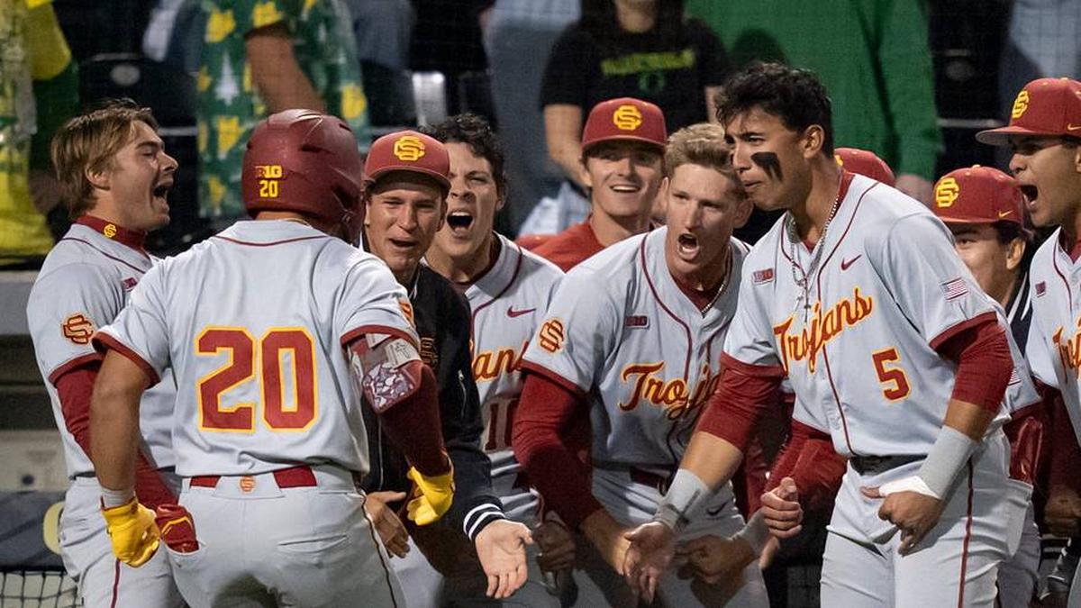  USC celebrates a home run by Isaac Cadena (20) as the Oregon Ducks host the USC Trojans on May 14, 2026, in Eugene, Oregon. | Ben Lonergan/The Register-Guard / USA TODAY NETWORK via Imagn Images 
