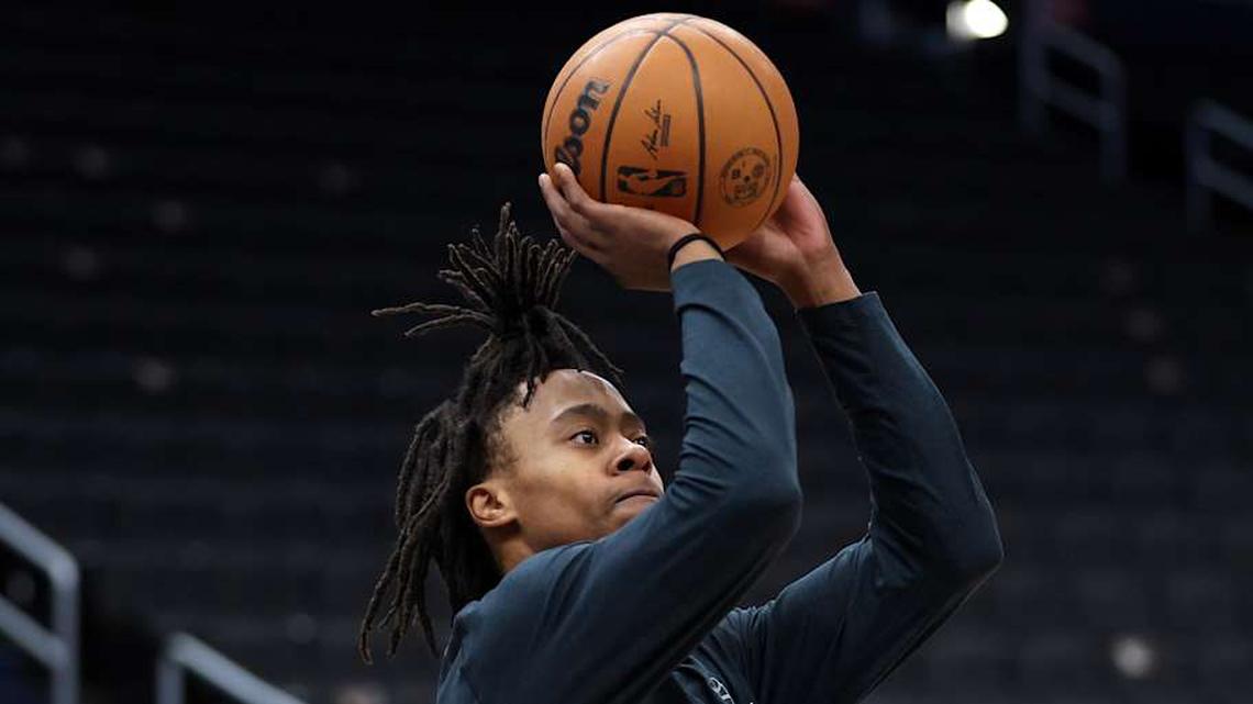  Mar 17, 2026; Washington, District of Columbia, USA; Washington Wizards guard Tre Johnson (12) takes a shot before a game against the Detroit Pistons at Capital One Arena. Mandatory Credit: Daniel Kucin Jr.-Imagn Images | Daniel Kucin Jr.-Imagn Images 