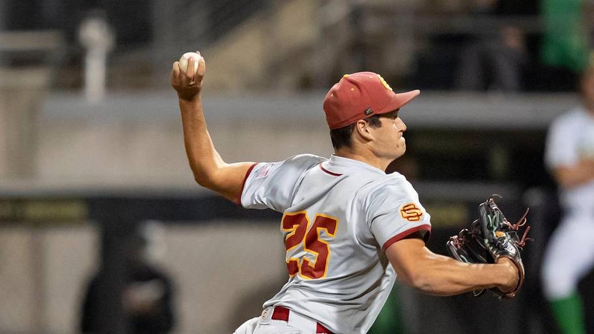  USC pitcher Sax Matson throws a pitch as the Oregon Ducks host the USC Trojans on May 14, 2026, in Eugene, Oregon. | Ben Lonergan/The Register-Guard / USA TODAY NETWORK via Imagn Images 