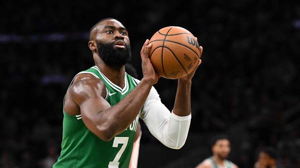  Apr 21, 2026; Boston, Massachusetts, USA; Boston Celtics guard Jaylen Brown (7) attempts a free throw against the Philadelphia 76ers in the second half of a game two of the first round of the 2026 NBA Playoffs at TD Garden. | Brian Fluharty-Imagn Images 