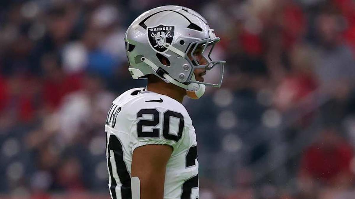  Dec 21, 2025; Houston, Texas, USA; Las Vegas Raiders safety Isaiah Pola-Mao (20) during a television timeout against the Houston Texans in the first quarter at NRG Stadium. Mandatory Credit: Thomas Shea-Imagn Images | Thomas Shea-Imagn Images 
