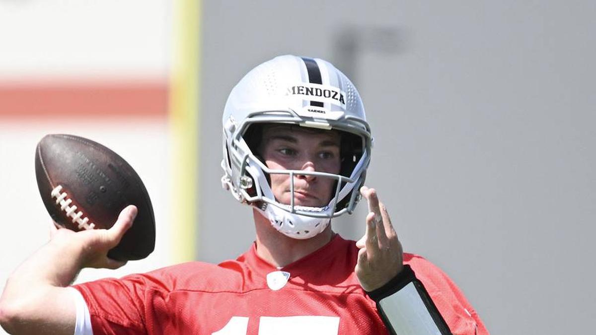  May 2, 2026; Henderson, NV, USA; Las Vegas Raiders quarterback Fernando Mendoza (15) runs through a drill during a Rookie Minicamp at Intermountain Health Performance Center. Mandatory Credit: Candice Ward-Imagn Images | Candice Ward-Imagn Images 