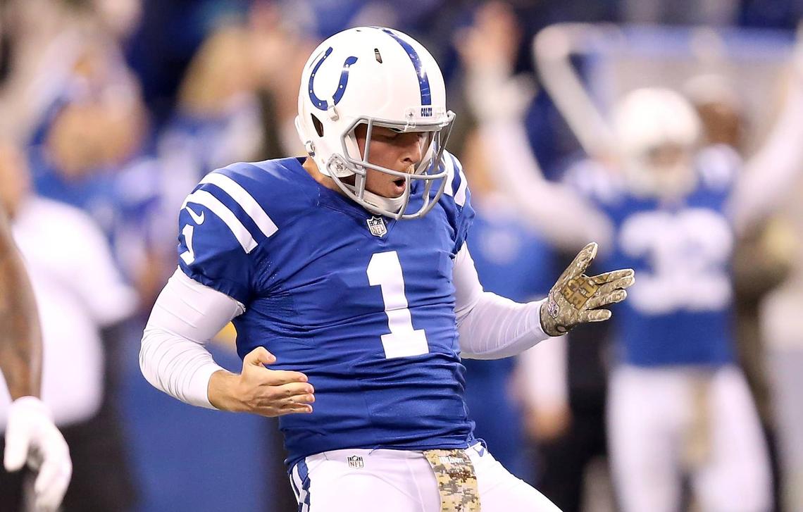  INDIANAPOLIS, IN - NOVEMBER 08: Pat McAfee #1 of the Indianapolis Colts celebrates after the 55 yard field goal by Adam Vinatieri during the game against the Denver Broncos at Lucas Oil Stadium on November 8, 2015 in Indianapolis, Indiana. (Photo by Andy Lyons/Getty Images) 