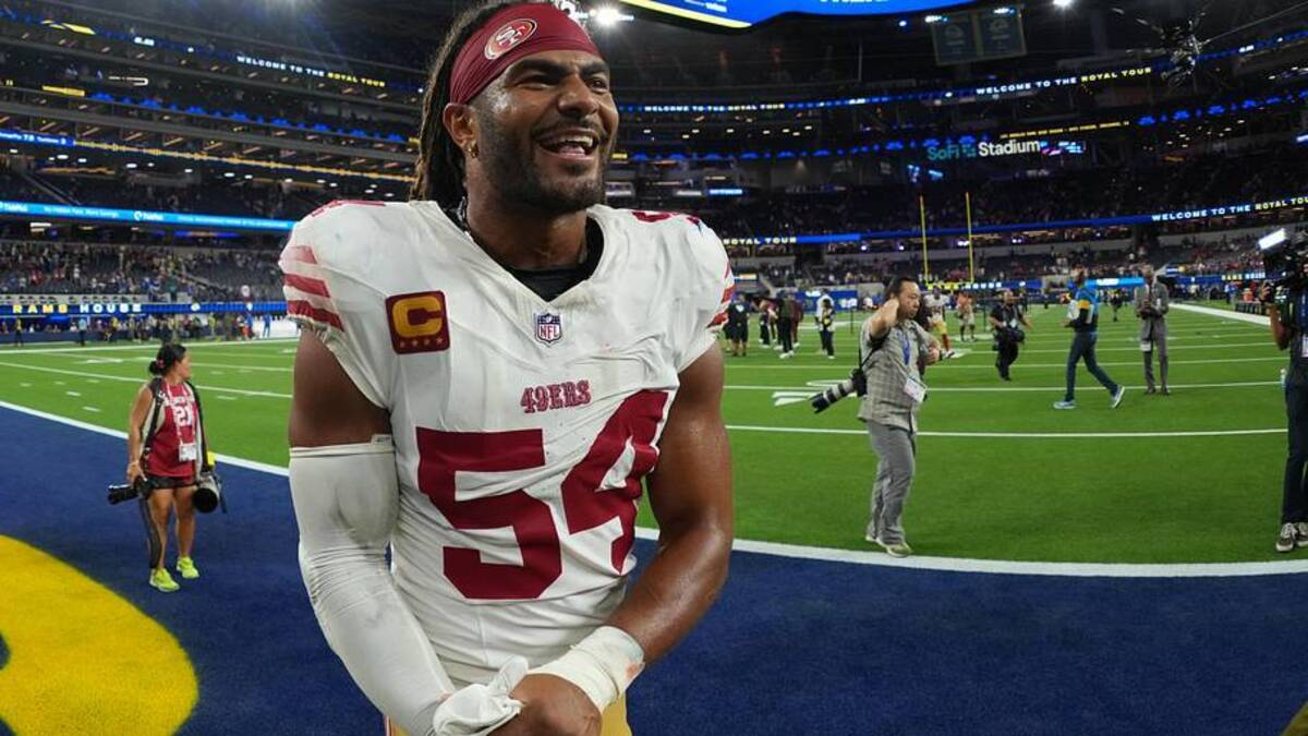  Oct 2, 2025; Inglewood, California, USA; San Francisco 49ers middle linebacker Fred Warner (54) reacts after the game against the Los Angeles Rams at SoFi Stadium. Mandatory Credit: Kirby Lee-Imagn Images | Kirby Lee-Imagn Images 