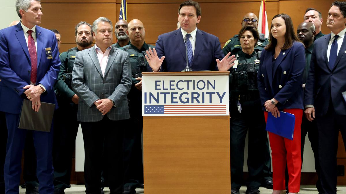 Florida Gov. Ron DeSantis at a news conference at the Broward County Courthouse in Fort Lauderdale on Aug. 18 announcing criminal charges against 20 people for illegally voting in 2020.