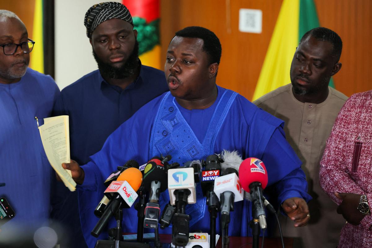 Ghanaian Member of Parliament and sponsor of the Human Sexual Rights and Family Values Bill, Reverend John Ntim Fordjour, addresses the press on the day lawmakers vote on the bill, in Accra, Ghana, May 29, 2026. REUTERS/Francis Kokoroko