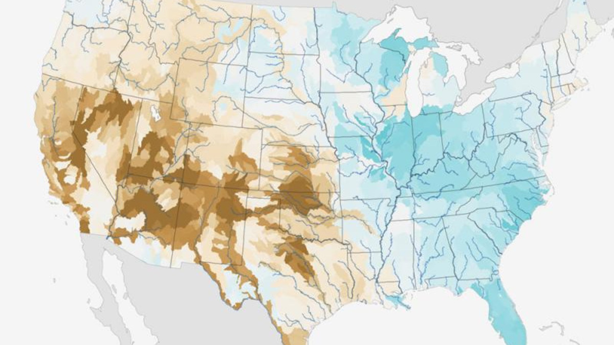 Changes in precipitation, temperature, and evaporation rates due to rising carbon dioxide concentrations are projected to decrease surface water supplies in most Western watersheds (in brown). This pattern may be amplified or weakened depending on population growth and groundwater availability.